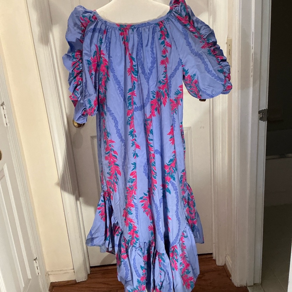 Hilo Hattie Light Blue Floral Rayon Muumuu with Pink & Green Accents - Picture 4 of 9